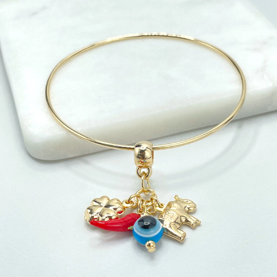 18k Gold Filled Bangle Bracelet, with Dangle Gold Puffed Elephant and Clover, Red Chili & Blue Evil Eye Charms, Wholesale