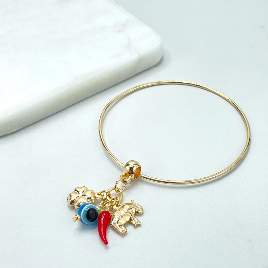 18k Gold Filled Bangle Bracelet, with Dangle Gold Puffed Elephant and Clover, Red Chili & Blue Evil Eye Charms, Wholesale