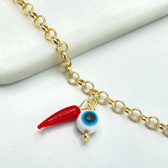 18k Gold Filled 4mm Rolo Chain with Dangle Red Chili Pepper & Classic White Blue Evil Eye Charms Bracelet, Wholesale