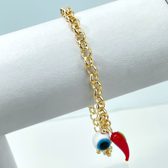 18k Gold Filled 4mm Rolo Chain with Dangle Red Chili Pepper & Classic White Blue Evil Eye Charms Bracelet, Wholesale
