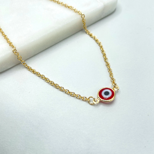 18k Gold Filled 2mm Rolo Chain with Central Red Evil Eye Charm Linked Anklet