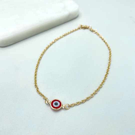 18k Gold Filled 2mm Rolo Chain with Central Red Evil Eye Charm Linked Anklet