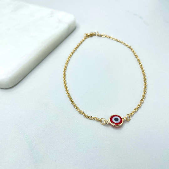 18k Gold Filled 2mm Rolo Chain with Central Red Evil Eye Charm Linked Anklet
