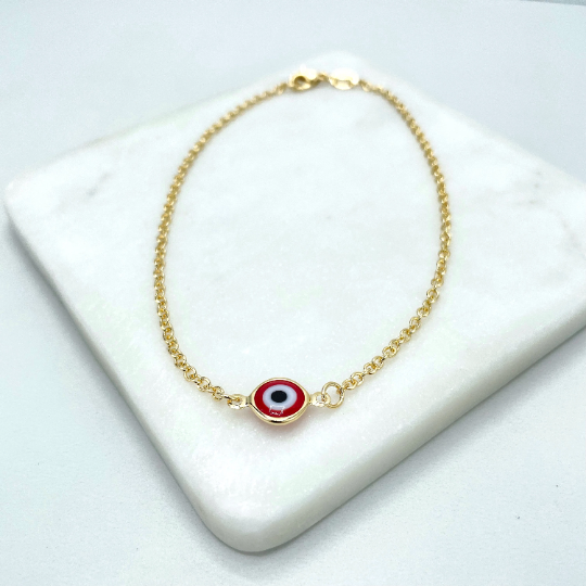 18k Gold Filled 2mm Rolo Chain with Central Red Evil Eye Charm Linked Anklet, Wholesale