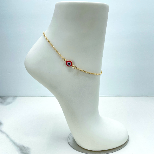 18k Gold Filled 2mm Rolo Chain with Central Red Evil Eye Charm Linked Anklet, Wholesale