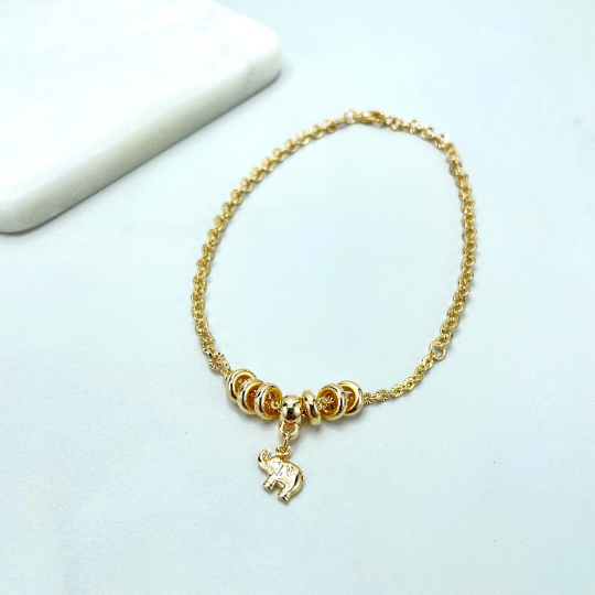 18k Gold Filled  Rolo Chain with Gold Berloques Charms Style & Dangle Puffed Elephant Charm
