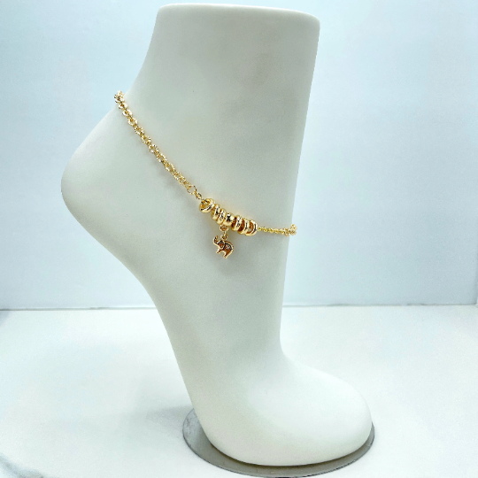18k Gold Filled  Rolo Chain with Gold Berloques Charms Style & Dangle Puffed Elephant Charm