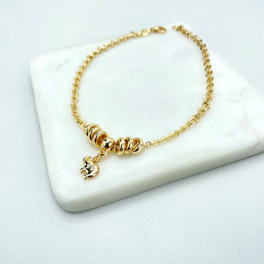 18k Gold Filled  Rolo Chain with Gold Berloques Charms Style & Dangle Puffed Elephant Charm