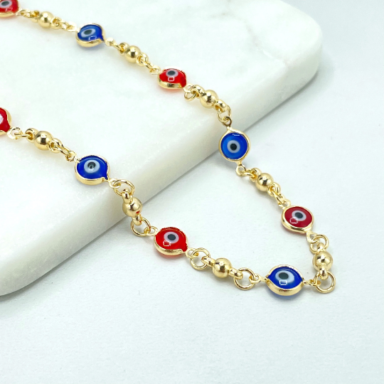 18k Gold Filled Gold Beads with Red and Blue Evil Eyes Charms Linked Anklet