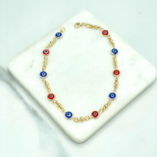 18k Gold Filled Gold Beads with Red and Blue Evil Eyes Charms Linked Anklet