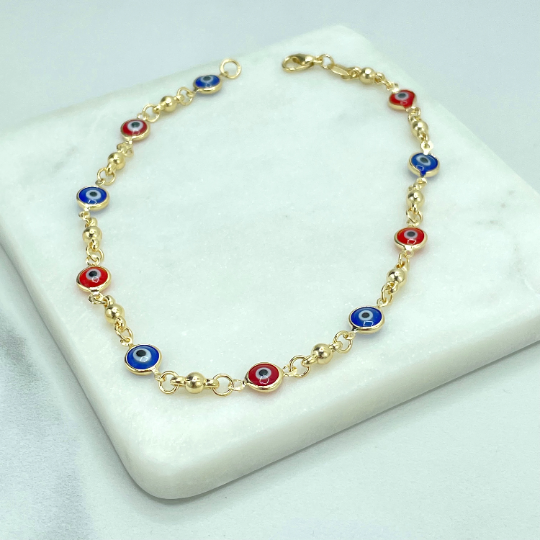 18k Gold Filled Gold Beads with Red and Blue Evil Eyes Charms Linked Anklet