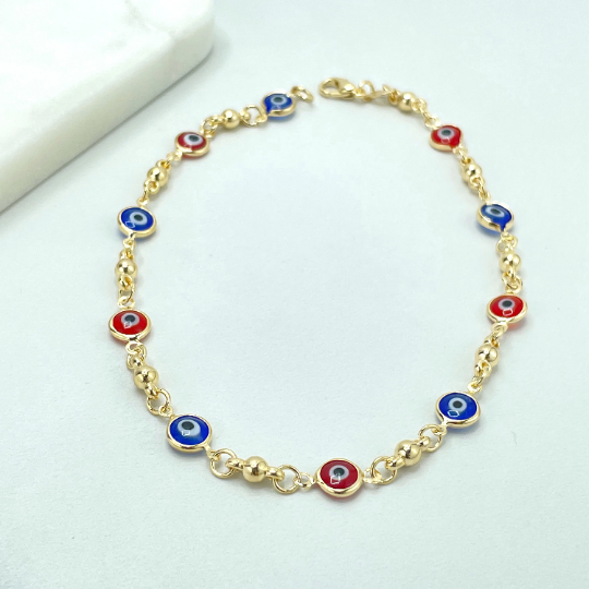 18k Gold Filled Gold Beads with Red and Blue Evil Eyes Charms Linked Anklet, Wholesale