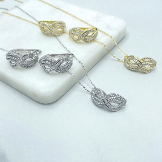 925 Sterling Silver Baguette & Cubic Zirconia Infinity Charms Necklace & Earrings Set