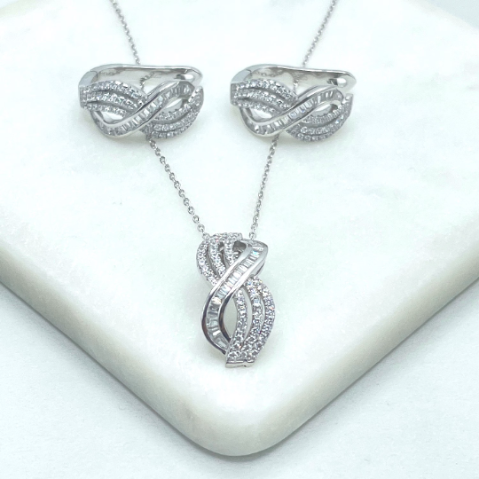 925 Sterling Silver Baguette & Cubic Zirconia Infinity Charms Necklace & Earrings Set