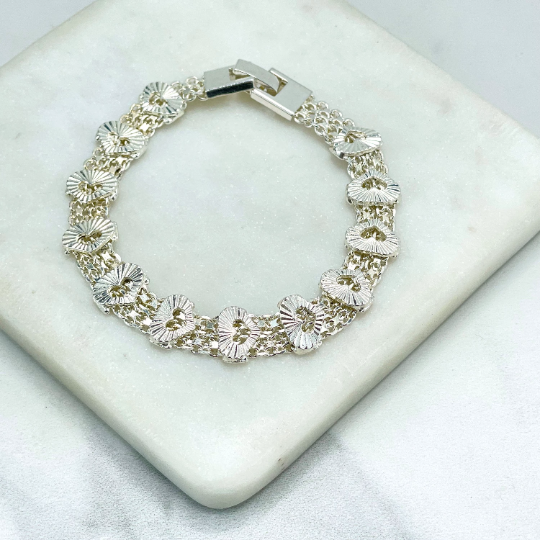 Silver Filled 11mm Speciality Chain Cutout & Texturized Heart Shape Charms Linked Bracelet