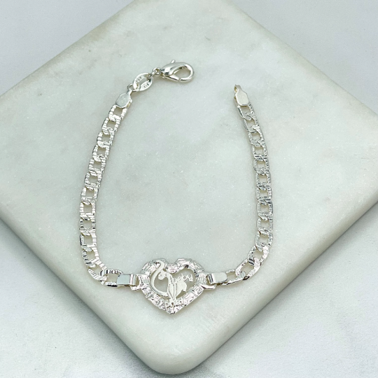 Silver Filled 4mm Figaro Chain with Cutout Heart Shape, Cute Cat "Baby" Word Charm Linked Bracelet