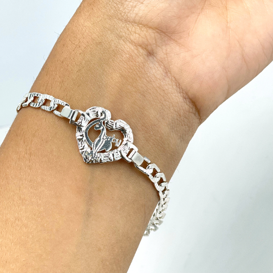 Silver Filled 4mm Figaro Chain with Cutout Heart Shape, Cute Cat "Baby" Word Charm Linked Bracelet