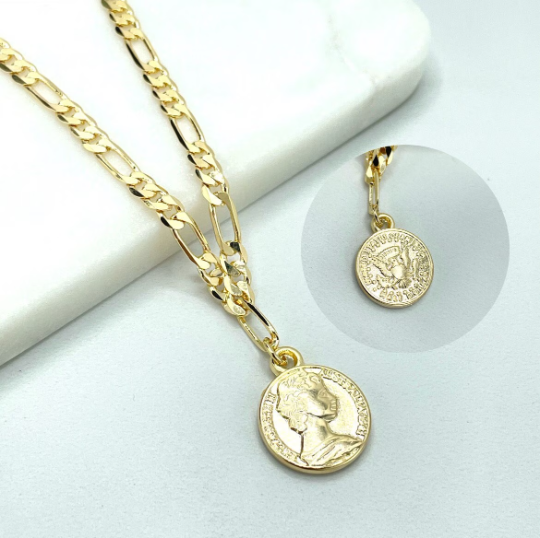 18k Gold Filled 5mm Figaro Chain with Coin Dollar Signet Dangle Charm Anklet