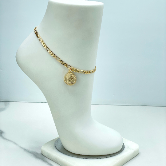 18k Gold Filled 5mm Figaro Chain with Coin Dollar Signet Dangle Charm Anklet