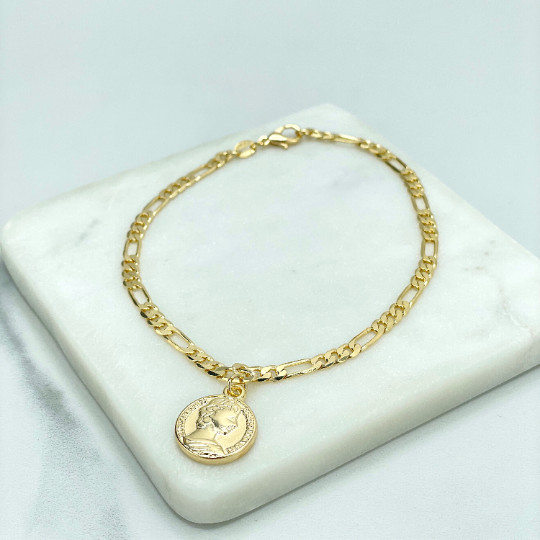 18k Gold Filled 5mm Figaro Chain with Coin Dollar Signet Dangle Charm Anklet