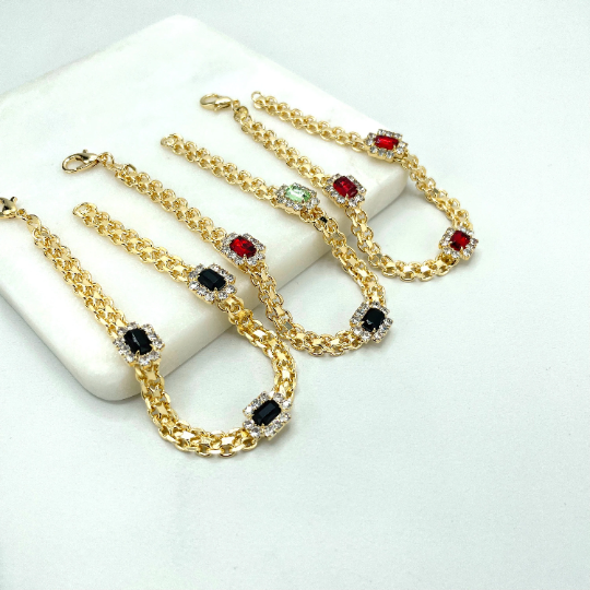 18k Gold Filled 5mm Specialty Chain with Colored Cubic Zirconia Linked Bracelet, 03 Different Colors, Wholesale