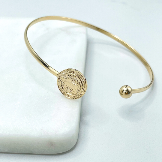 18k Gold Filled Saint Benedict Medal Coin, San Benito Coin Bangle Cuff Bracelet, Adjustable Bracelet