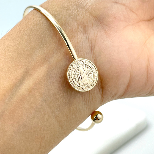 18k Gold Filled Saint Benedict Medal Coin, San Benito Coin Bangle Cuff Bracelet, Adjustable Bracelet