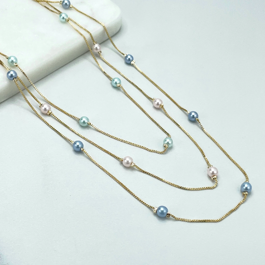 18k Gold Filled 1mm Box Chain, 03 Chains Layers & Linked Colored (Pink, Green Blue) Simulated Pearls Necklace, Wholesale
