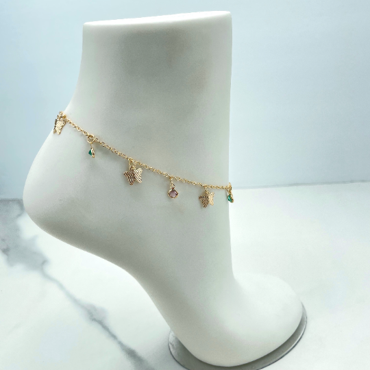 18k Gold Filled 2mm Rolo Chain with Dangle Colored Cubic Zirconia & Butterflies Charms Anklet