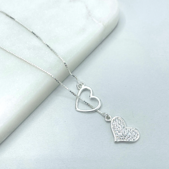 925 Sterling Silver 1mm Box Chain with Cubic Zirconia Heart Shape & Cutout Heart Shape Charms Lariat Necklace, Stamped 925