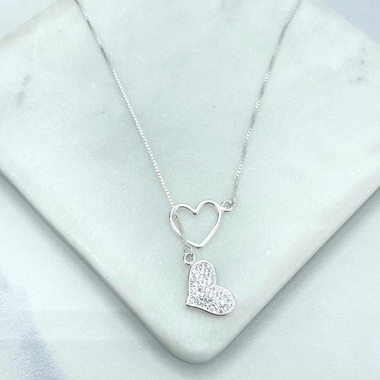 925 Sterling Silver 1mm Box Chain with Cubic Zirconia Heart Shape & Cutout Heart Shape Charms Lariat Necklace, Stamped 925