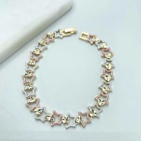 18k Gold Filled Three Tone Stars Shape Linked Chain Bracelet