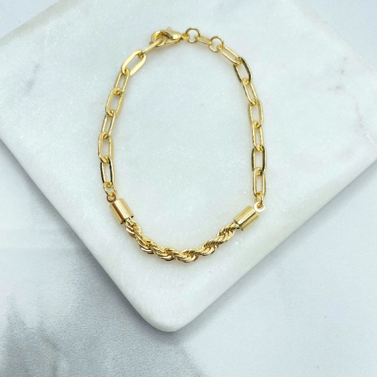 18k Gold Filled 4mm Paperclip Chain & Front Rope Chain Linked Bracelet