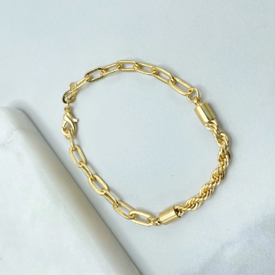 18k Gold Filled 4mm Paperclip Chain & Front Rope Chain Linked Bracelet