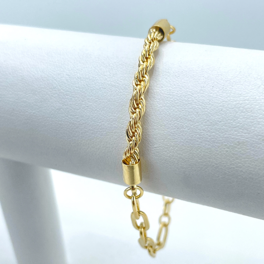18k Gold Filled 4mm Paperclip Chain & Front Rope Chain Linked Bracelet