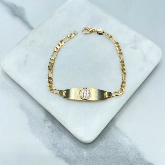 18k Gold Filled 4mm Figaro Chain with Two Tone Virgen De Guadalupe, Our Lady of Guadalupe Medal Bracelet, Wholesale