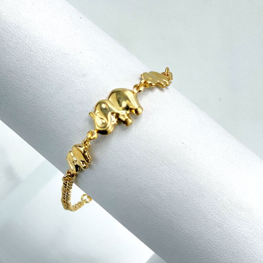 18k Gold Filled 2mm Figaro Chain Link with 03 Puffed Elephants Charms Bracelet, Lucky & Protection Bracelet, Wholesale