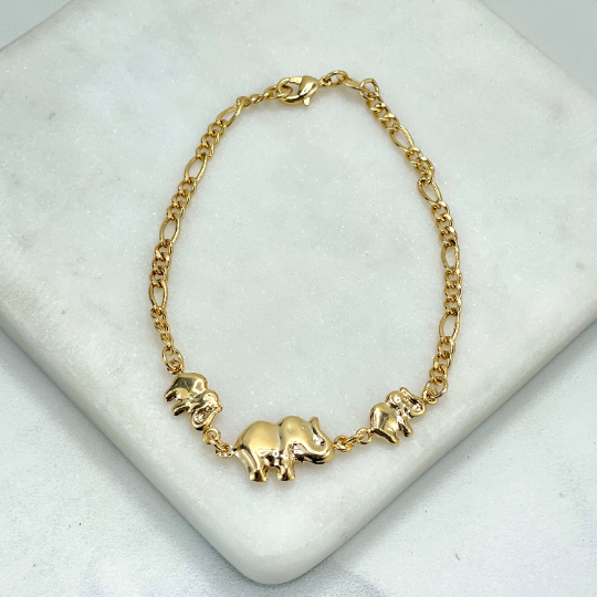 18k Gold Filled 2mm Figaro Chain Link with 03 Puffed Elephants Charms Bracelet, Lucky & Protection Bracelet, Wholesale