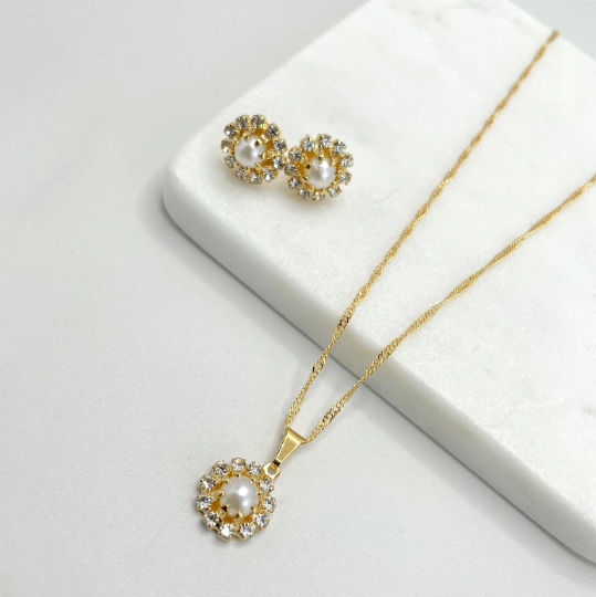 18k Gold Filled Singapure Link Simulated Pearl Flower Charms Set