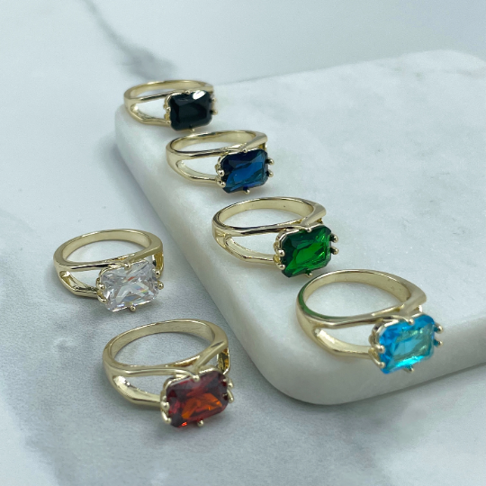 18k Gold Filled Colored Cubic Zirconia Rectangular Stone, Cutout Detail Cocktail Ring, Wholesale Jewelry Making Supplies