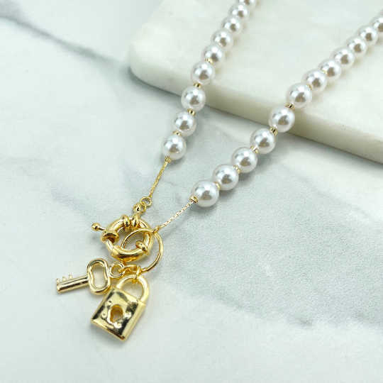 18k Gold Filled Pearl Linked Chain with Spring Ring Clasp front & Lock and Key Charms Set