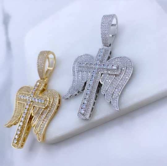 18k Gold Filled or Silver Filled Cubic Zirconia & Micro Pave Angel Wings Cross Pendant Only, with Large Bail