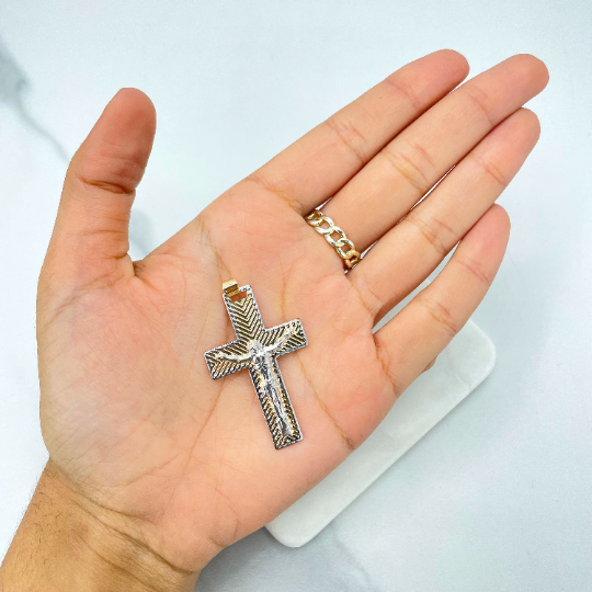 18k Gold Filled Jesus Cross Design Pendant Two Tone Crucifix Religious Faith Charm