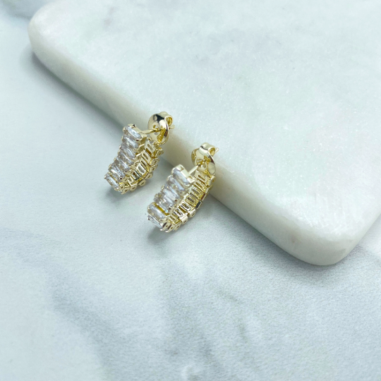 18k Gold Filled Clear Baguette Earrings Soft Hoop Dangle Push Back