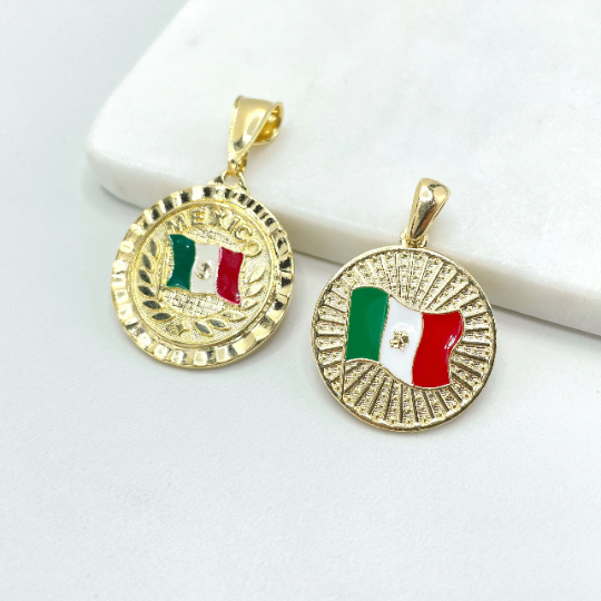 18k Gold Filled Texturized Mexico Flag Colored Medal Pendant Charms