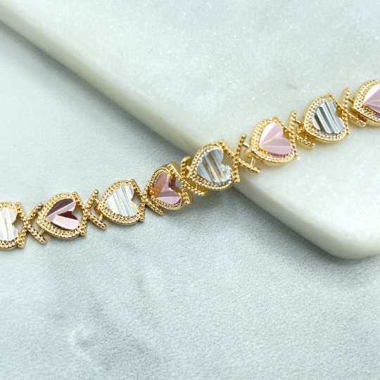18k Gold Filled Tri-Tone XoXo Hearts Shape Linked Chain Bracelet, Wholesale Jewelry Making Supplies
