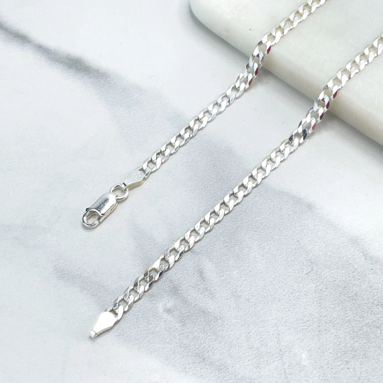 925 Sterling Silver 4mm Flat Curb Link Chain, Cuban Link Chain, 24 Inches, Stamped 925