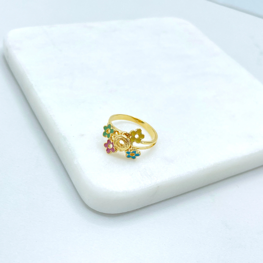 18k Gold Filled Colored Enamel Flowers Design Ring