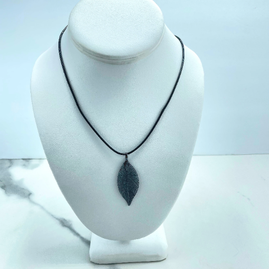 18k Gold Filled, Silver or Black Small Pendant Hand Made with Real Leaf & Black Cord Chain Necklace