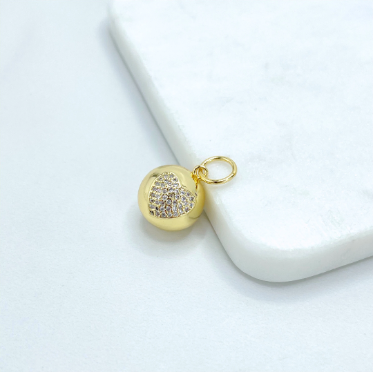18k Gold Filled Heart with Micro Cubic Zirconia and back with Stars Hole Ball Pendant Charms